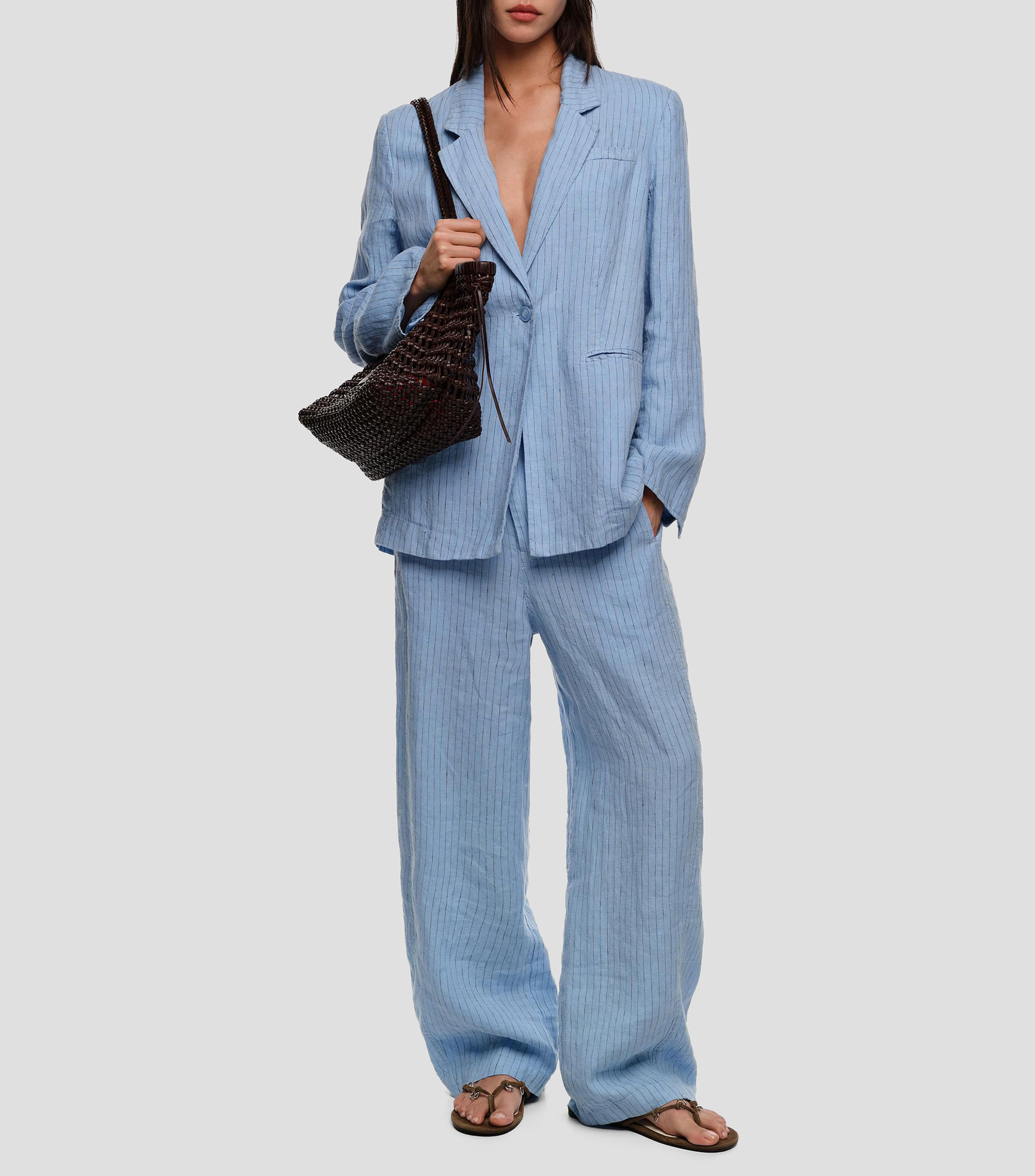 Pantalón barrel lino lavado rayas azul claro Mujer